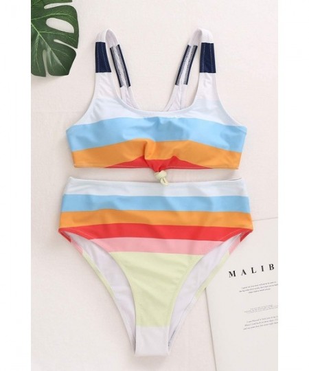 Sets Two Piece High Waisted Bathing Suit Striped Bikini Set Swimsuits for Women High Cut Sports Suits - Rainbow - C11905LMQ2Z