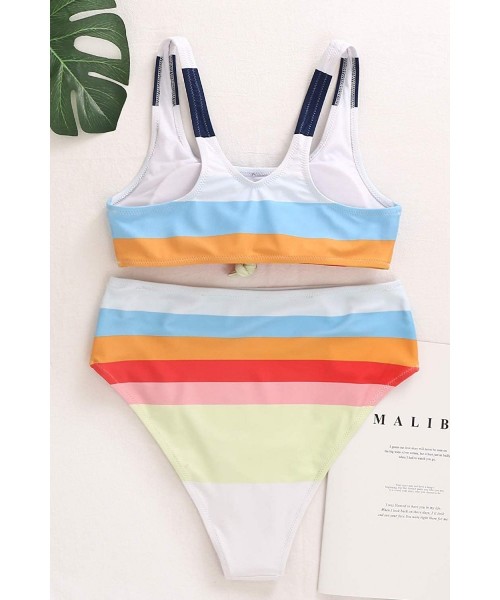 Sets Two Piece High Waisted Bathing Suit Striped Bikini Set Swimsuits for Women High Cut Sports Suits - Rainbow - C11905LMQ2Z