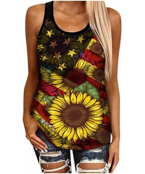 Rash Guards Womens Fashion 2020 Sunflower Print Sleeveless O Neck Loose Shirt Tops Tees for Summer - I - CD190LCMD89