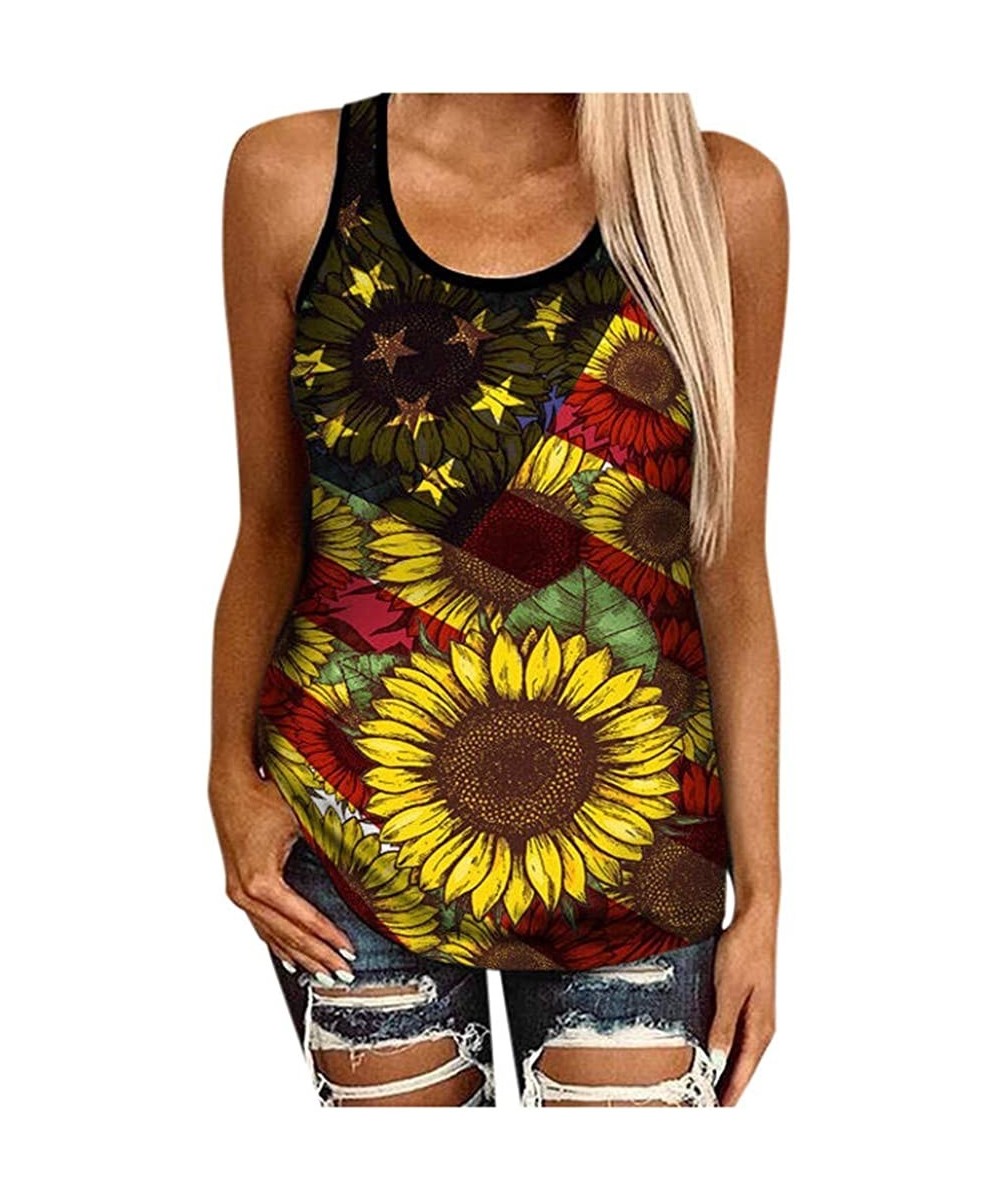 Rash Guards Womens Fashion 2020 Sunflower Print Sleeveless O Neck Loose Shirt Tops Tees for Summer - I - CD190LCMD89