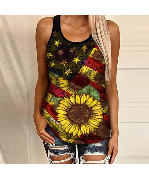 Rash Guards Womens Fashion 2020 Sunflower Print Sleeveless O Neck Loose Shirt Tops Tees for Summer - I - CD190LCMD89