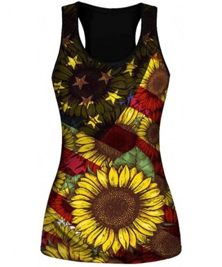 Rash Guards Womens Fashion 2020 Sunflower Print Sleeveless O Neck Loose Shirt Tops Tees for Summer - I - CD190LCMD89