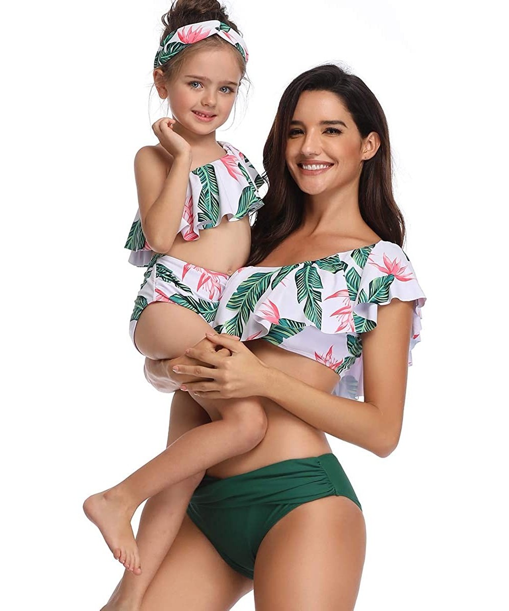 Sets Mommy and Me Matching Family Swimsuit Women Retro Flounce High Waisted Bikini Set Baby Girls Halter Neck Swimwear - Gree...