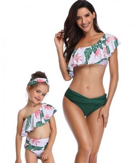 Sets Mommy and Me Matching Family Swimsuit Women Retro Flounce High Waisted Bikini Set Baby Girls Halter Neck Swimwear - Gree...