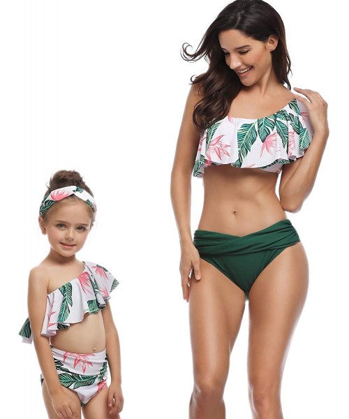 Sets Mommy and Me Matching Family Swimsuit Women Retro Flounce High Waisted Bikini Set Baby Girls Halter Neck Swimwear - Gree...