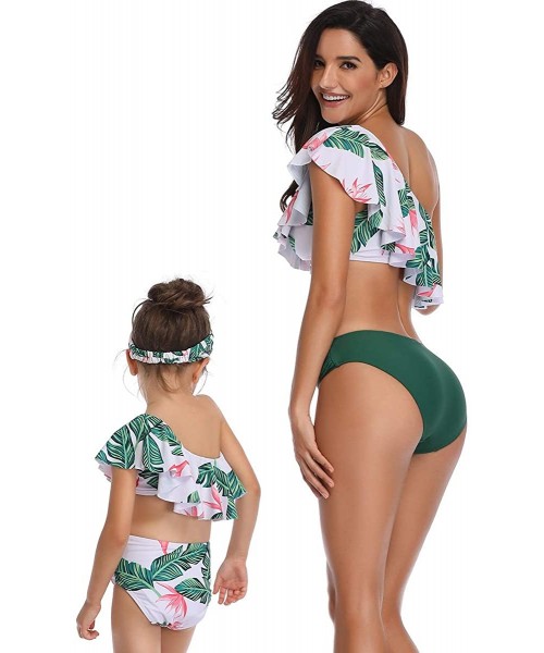 Sets Mommy and Me Matching Family Swimsuit Women Retro Flounce High Waisted Bikini Set Baby Girls Halter Neck Swimwear - Gree...