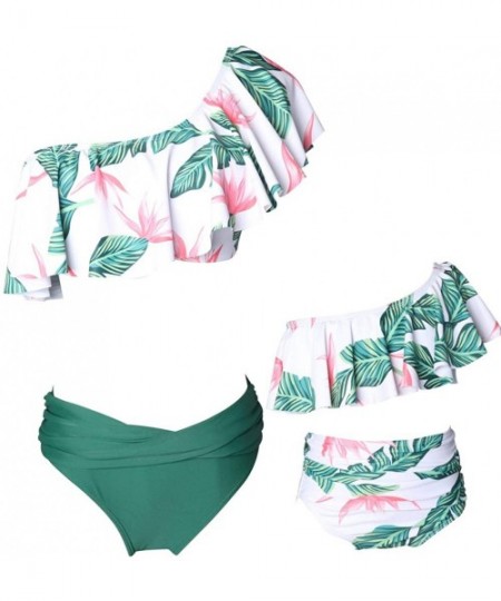 Sets Mommy and Me Matching Family Swimsuit Women Retro Flounce High Waisted Bikini Set Baby Girls Halter Neck Swimwear - Gree...