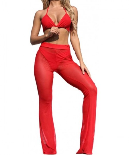 Cover-Ups Women Bikini Bottom Cover up Leggings Sexy Perspective Sheer Mesh Swim Shorts Pants Wide Leg Palazzo Trousers Red -...