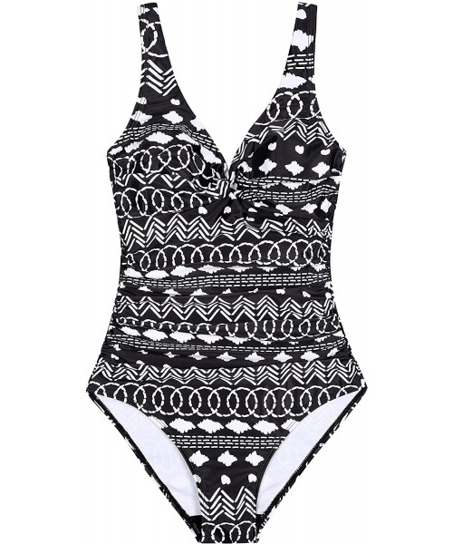 One-Pieces V Neck Tropical Forest Print Lace Up Waist One Piece Swimsuits for Women Bathing Suit - White - CG1943MZTUD