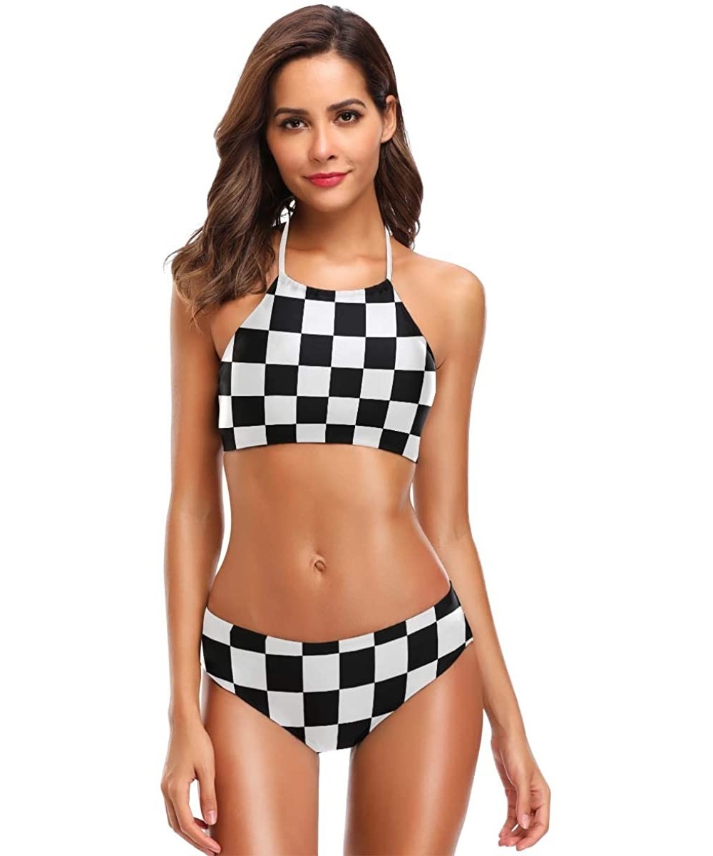 Sets Shark USA Flag Crack Bikini Swimsuit Womens High Neck Halter Two Piece Bathing Suit - Black and White Check Flag - CR18R...