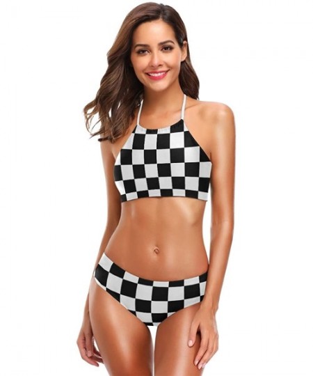 Sets Shark USA Flag Crack Bikini Swimsuit Womens High Neck Halter Two Piece Bathing Suit - Black and White Check Flag - CR18R...