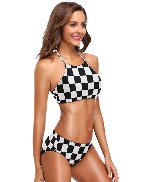 Sets Shark USA Flag Crack Bikini Swimsuit Womens High Neck Halter Two Piece Bathing Suit - Black and White Check Flag - CR18R...