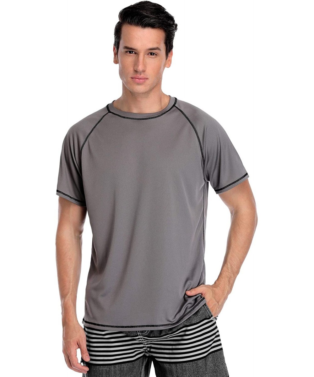 Rash Guards Men's UPF 50+ Rash Guard Short Sleeve Swim Shirts Sun Protection Swim Top - Gray （exposed Stitching) - CK18M9SHGAL