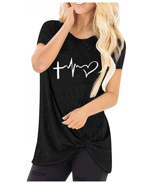 Tankinis Women Loose Fit Irregular Hem T-Shirts Tops O Neck Short Sleeves Knits Tees - 01 Black - C8194X8ZSZH