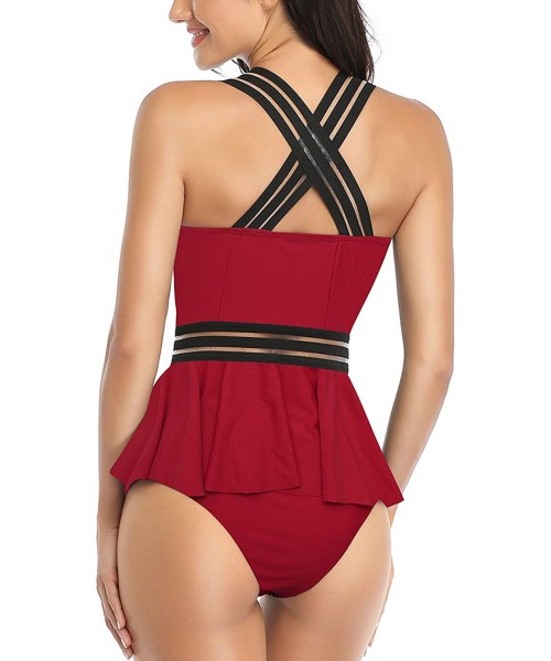 Tankinis Women's Flounce Tankini Set High Waisted Mesh Tummy Control Two Piece Swimsuit - Red - CK1999GNED4