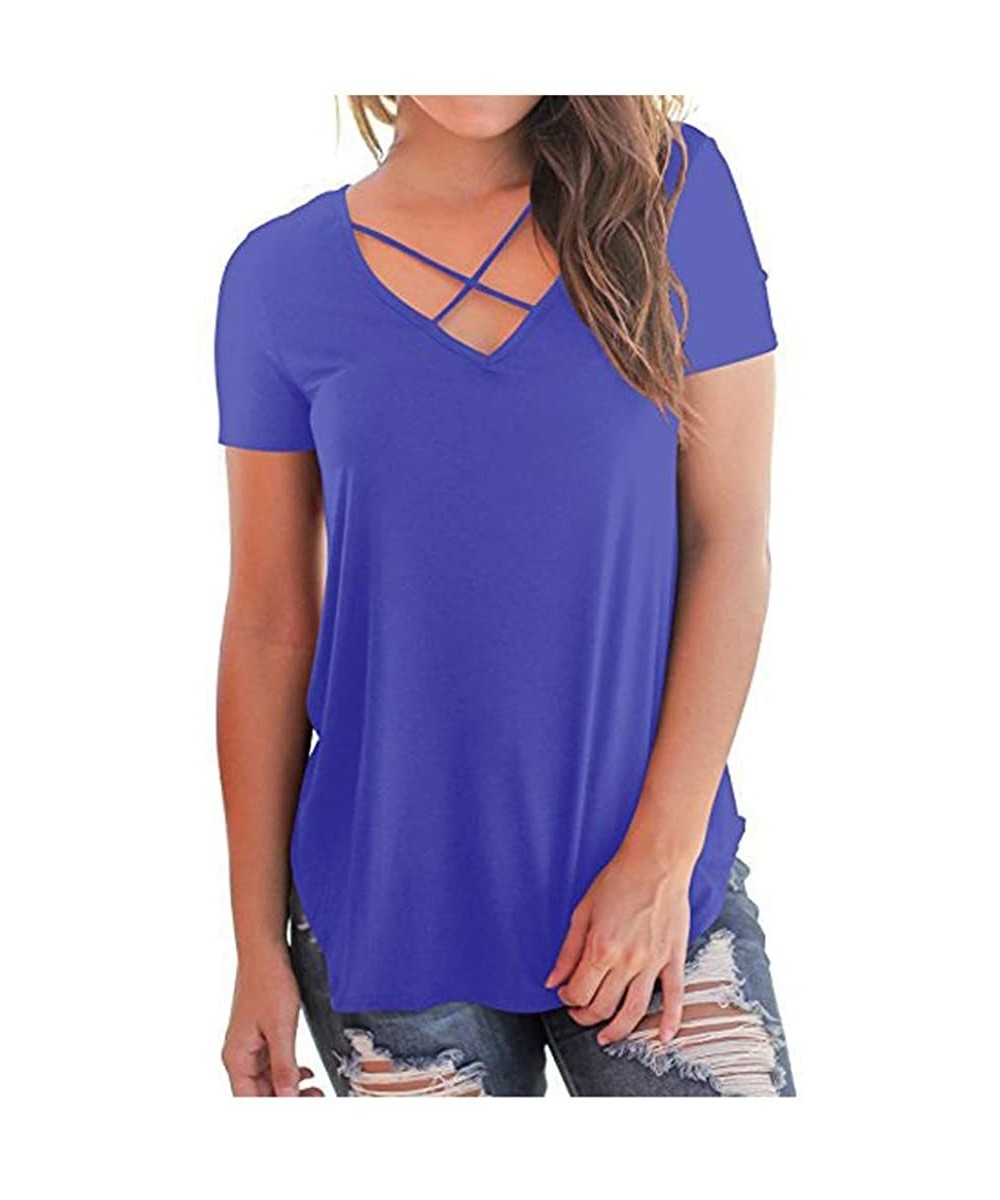 Tankinis Fashion Women Hollow Out V-Neck Tops Leisure Loose Short Sleeve Solid Color Blouse - Blue - CC194WTUI7Z