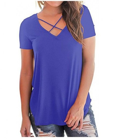 Tankinis Fashion Women Hollow Out V-Neck Tops Leisure Loose Short Sleeve Solid Color Blouse - Blue - CC194WTUI7Z