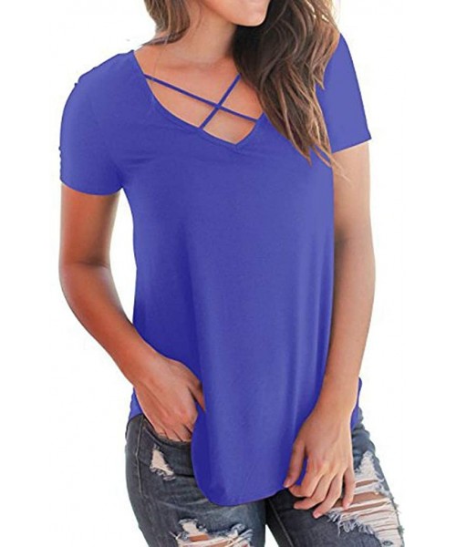 Tankinis Fashion Women Hollow Out V-Neck Tops Leisure Loose Short Sleeve Solid Color Blouse - Blue - CC194WTUI7Z