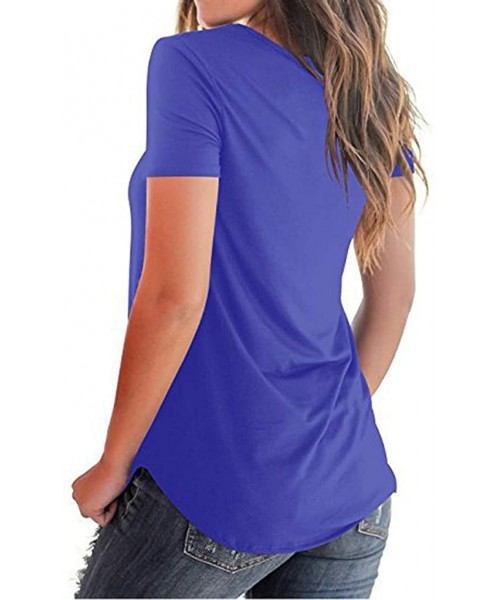 Tankinis Fashion Women Hollow Out V-Neck Tops Leisure Loose Short Sleeve Solid Color Blouse - Blue - CC194WTUI7Z