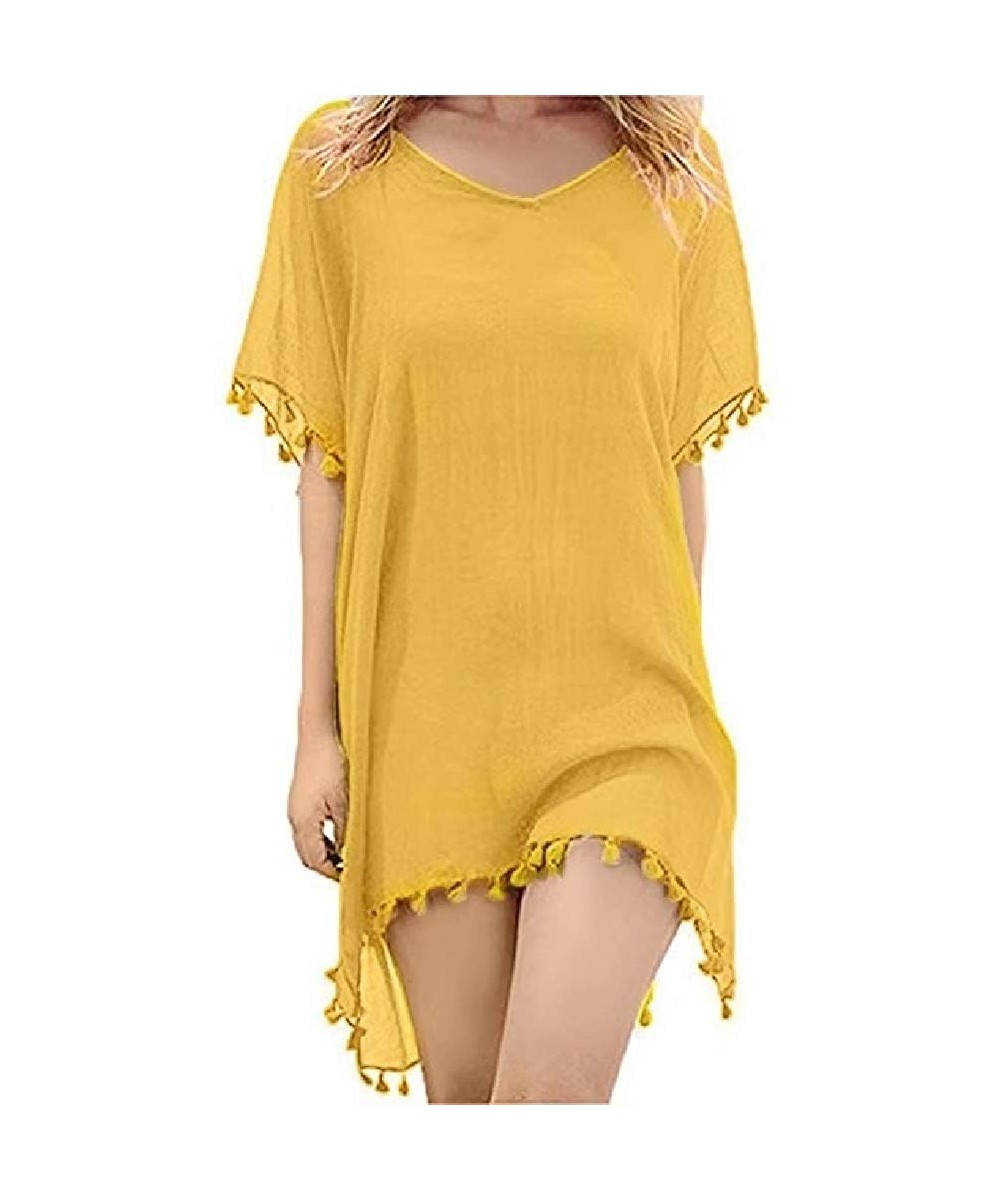 Cover-Ups Womens V-Neck Short Sleeve Chiffon Solid Tassel Cover Ups - Orange - CV190AWRU5L