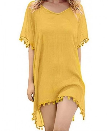 Cover-Ups Womens V-Neck Short Sleeve Chiffon Solid Tassel Cover Ups - Orange - CV190AWRU5L