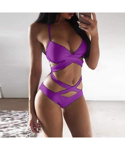 Tankinis Women Sexy High Cut One Piece Swimsuit Funny Bathing Suit Monokini Swimwear - Purple - CL196HCHAE9