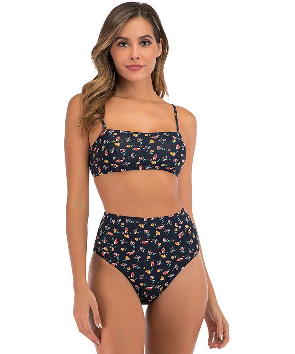 Sets Womens High Waisted Bandeau Bikini Swimsuits Sexy Floral Two Piece Bathing Suit - Navy - CY196OT4Q8S