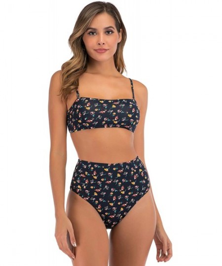 Sets Womens High Waisted Bandeau Bikini Swimsuits Sexy Floral Two Piece Bathing Suit - Navy - CY196OT4Q8S