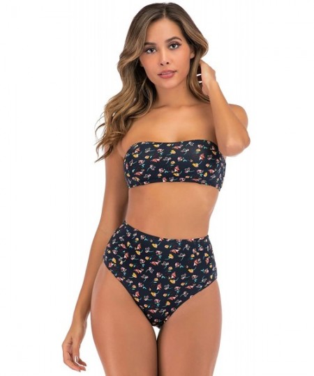 Sets Womens High Waisted Bandeau Bikini Swimsuits Sexy Floral Two Piece Bathing Suit - Navy - CY196OT4Q8S