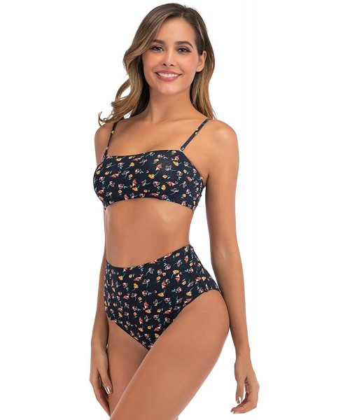 Sets Womens High Waisted Bandeau Bikini Swimsuits Sexy Floral Two Piece Bathing Suit - Navy - CY196OT4Q8S