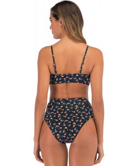 Sets Womens High Waisted Bandeau Bikini Swimsuits Sexy Floral Two Piece Bathing Suit - Navy - CY196OT4Q8S