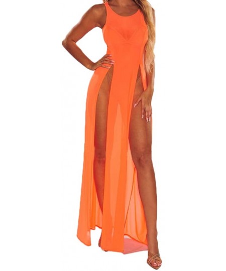 Cover-Ups Women's Sexy Lingerie Sleepwear Night Gown Mesh See Through Slit Maxi Dress Bikini Cover Up - Orange-split - CI18RA...