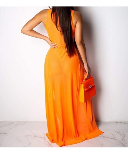 Cover-Ups Women's Sexy Lingerie Sleepwear Night Gown Mesh See Through Slit Maxi Dress Bikini Cover Up - Orange-split - CI18RA...