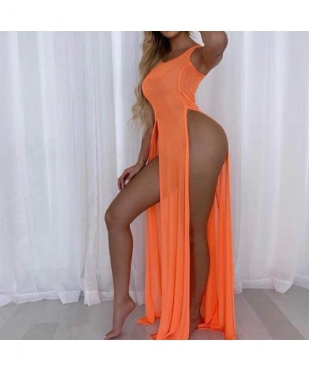 Cover-Ups Women's Sexy Lingerie Sleepwear Night Gown Mesh See Through Slit Maxi Dress Bikini Cover Up - Orange-split - CI18RA...