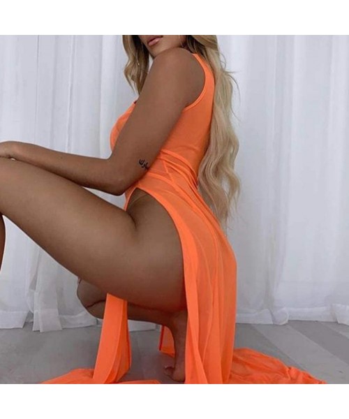 Cover-Ups Women's Sexy Lingerie Sleepwear Night Gown Mesh See Through Slit Maxi Dress Bikini Cover Up - Orange-split - CI18RA...