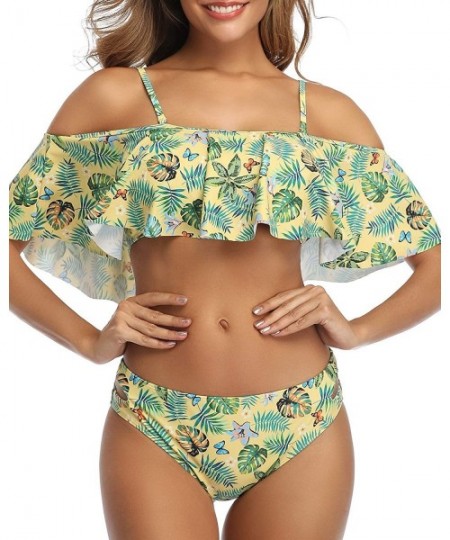 Sets Women Off-Shoulder Two Piece Bikini Set Ruffled Floral Print Swimsuit - Butterfly - CB18ZA8QKSK