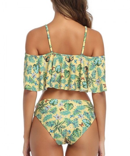 Sets Women Off-Shoulder Two Piece Bikini Set Ruffled Floral Print Swimsuit - Butterfly - CB18ZA8QKSK