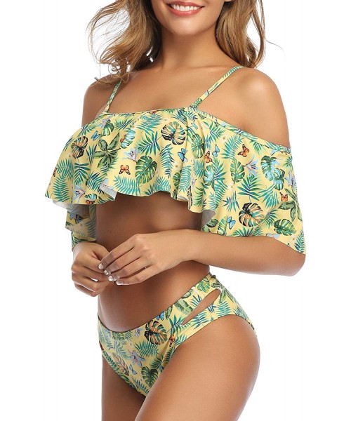 Sets Women Off-Shoulder Two Piece Bikini Set Ruffled Floral Print Swimsuit - Butterfly - CB18ZA8QKSK