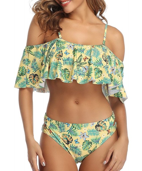 Sets Women Off-Shoulder Two Piece Bikini Set Ruffled Floral Print Swimsuit - Butterfly - CB18ZA8QKSK