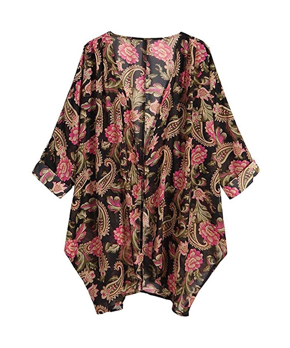 Cover-Ups Women's Floral Print Kimono Cardigan Sheer Chiffon Loose Half Sleeve Shawl Casual Open Front Cover up Capes - Red -...