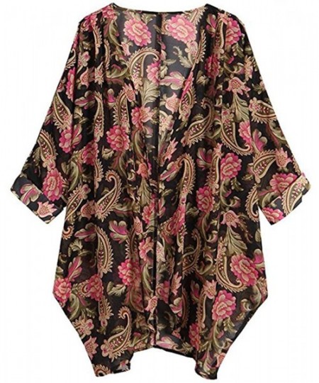 Cover-Ups Women's Floral Print Kimono Cardigan Sheer Chiffon Loose Half Sleeve Shawl Casual Open Front Cover up Capes - Red -...