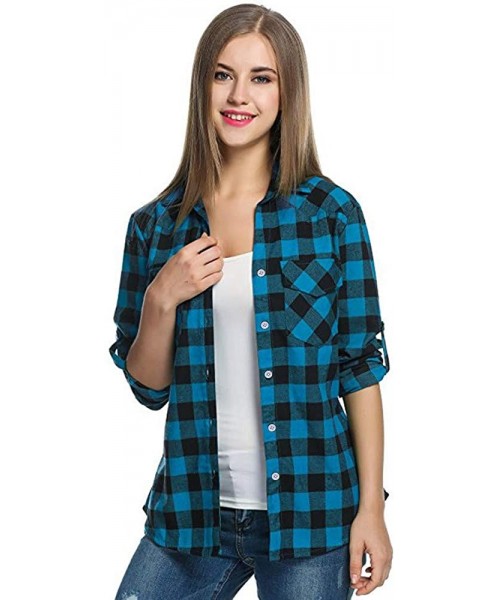 Racing Blouse for Women Long Sleeve Kimloog Womens Tartan Plaid Flannel Shirts Roll up Sleeve Casual Tops Button Down Blouse ...