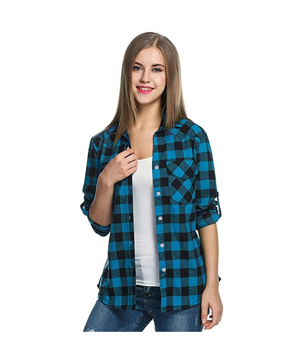 Racing Blouse for Women Long Sleeve Kimloog Womens Tartan Plaid Flannel Shirts Roll up Sleeve Casual Tops Button Down Blouse ...