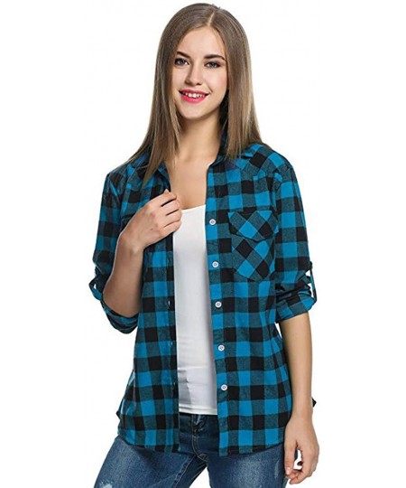 Racing Blouse for Women Long Sleeve Kimloog Womens Tartan Plaid Flannel Shirts Roll up Sleeve Casual Tops Button Down Blouse ...