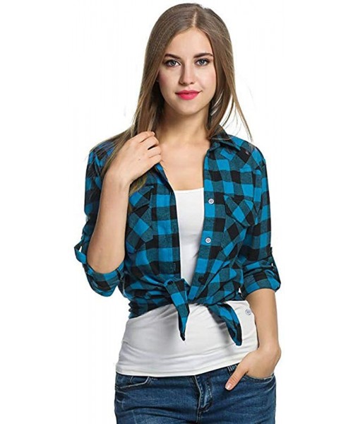 Racing Blouse for Women Long Sleeve Kimloog Womens Tartan Plaid Flannel Shirts Roll up Sleeve Casual Tops Button Down Blouse ...