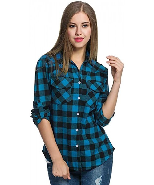 Racing Blouse for Women Long Sleeve Kimloog Womens Tartan Plaid Flannel Shirts Roll up Sleeve Casual Tops Button Down Blouse ...