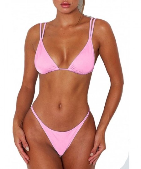 Sets Womens Sexy Solid Color Tie Top Bottom Adjustable Skimpy Triangle Bikini String Swimsuit - Baby Pink - CQ18GMK2N73