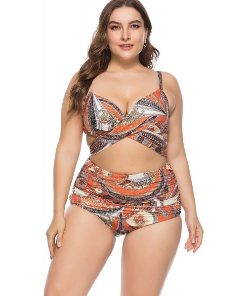 Sets Women's Plus Size Swimwear Two Pieces Tankini Bikini Set Swimsuits 1XL-5XL - Orange - C718QION3DY