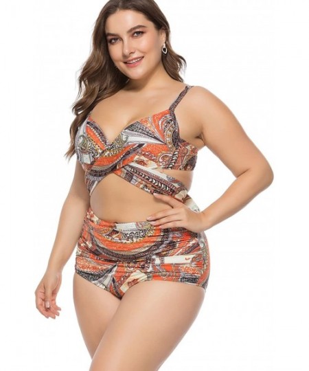 Sets Women's Plus Size Swimwear Two Pieces Tankini Bikini Set Swimsuits 1XL-5XL - Orange - C718QION3DY