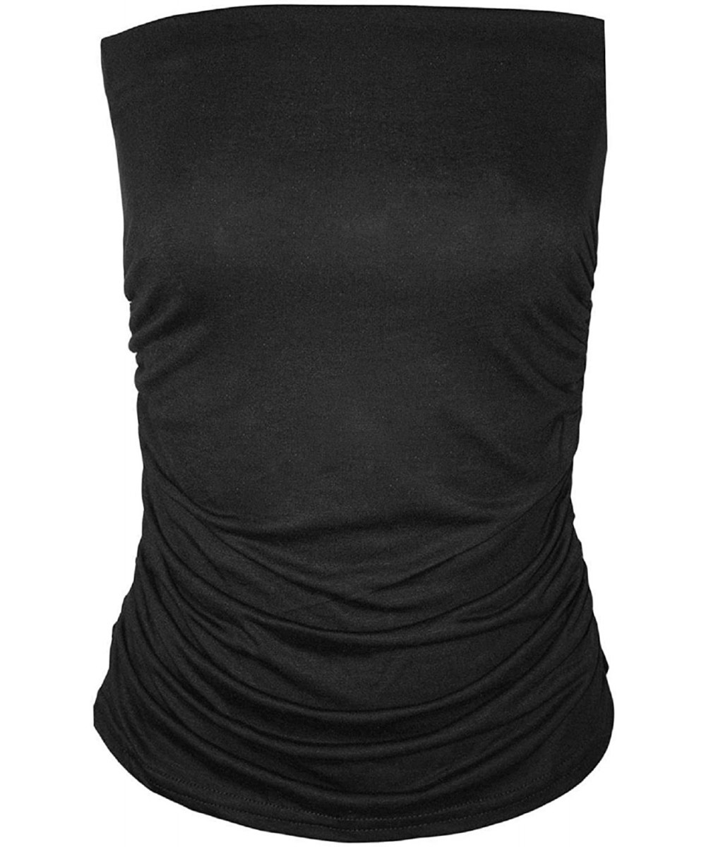 Tankinis Womens Sleeveless Plain Ruched Stretch Boobtube Ladies Strapless Bandeau Top S/XXL - Black - CR189LLN29I